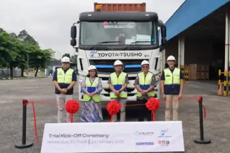 KALISTA, Nusatama, dan Toyota Tsusho Indonesia uji coba truk kontainer listrik di rute Tanjung Priok–Cikarang untuk percepat logistik rendah karbon.